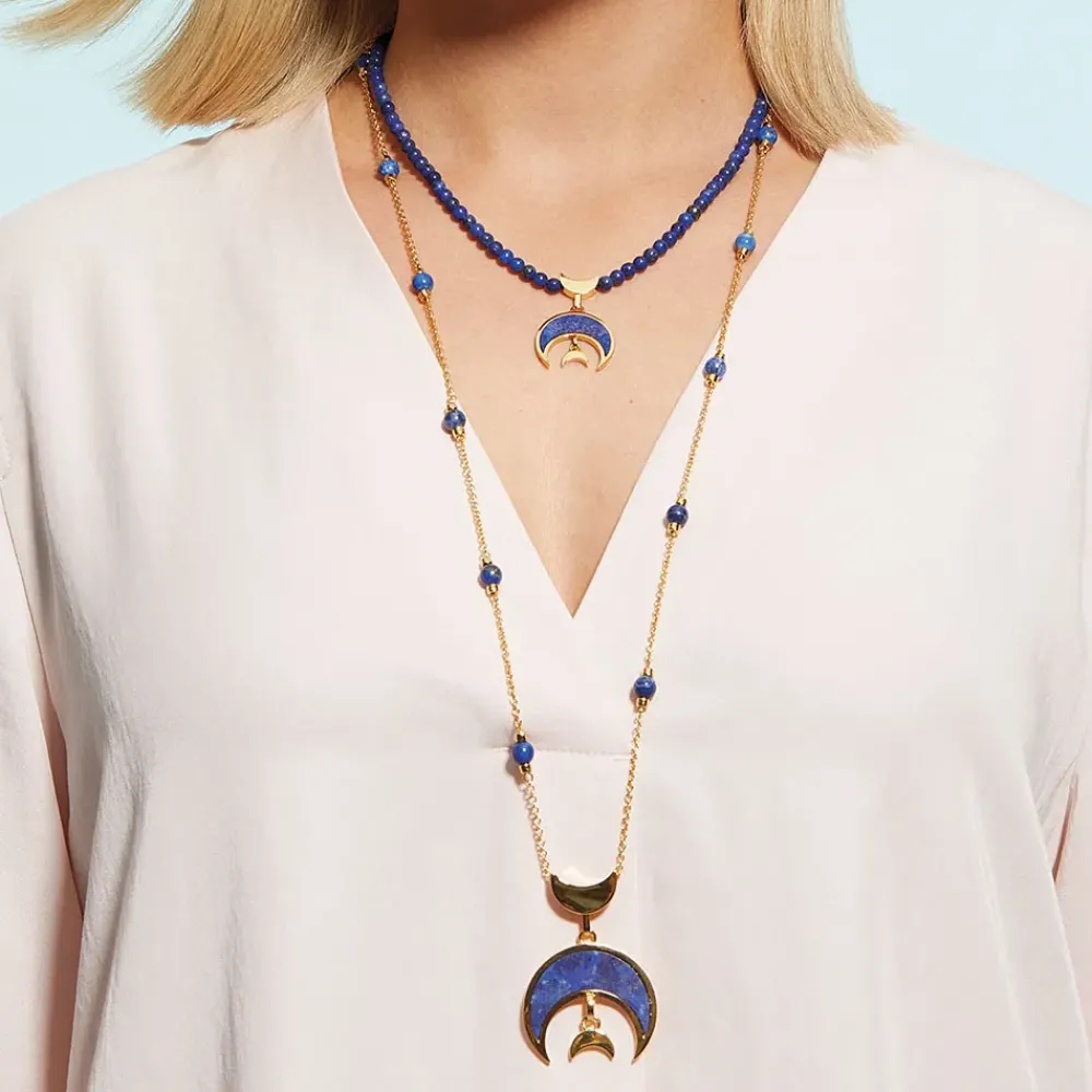 Sale Fatimid Lapis Crescent Long Beaded Chain Pendant Necklace Necklaces