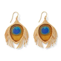 Discount Gilded Age Peacock Feather Large Drop Earrings Earrings