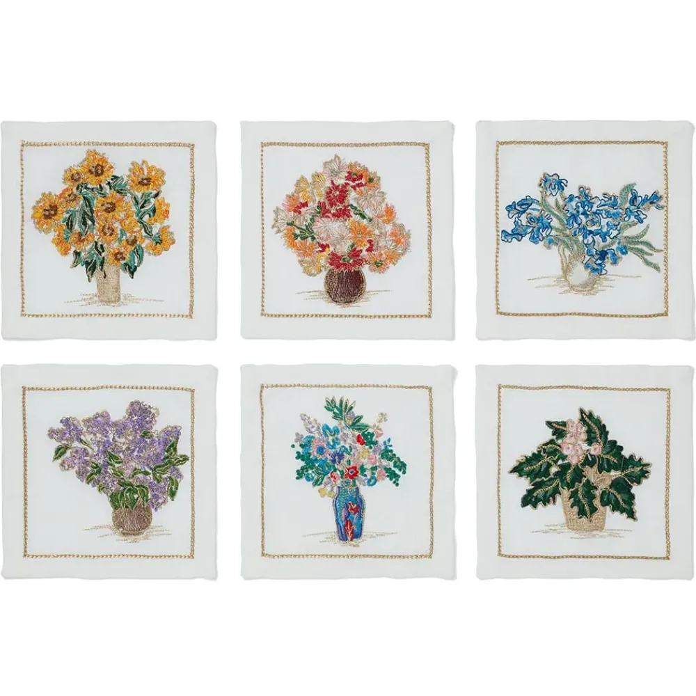 Best Kim Seybert Embroidered Bouquets Linen Cocktail Napkin Set Tableware