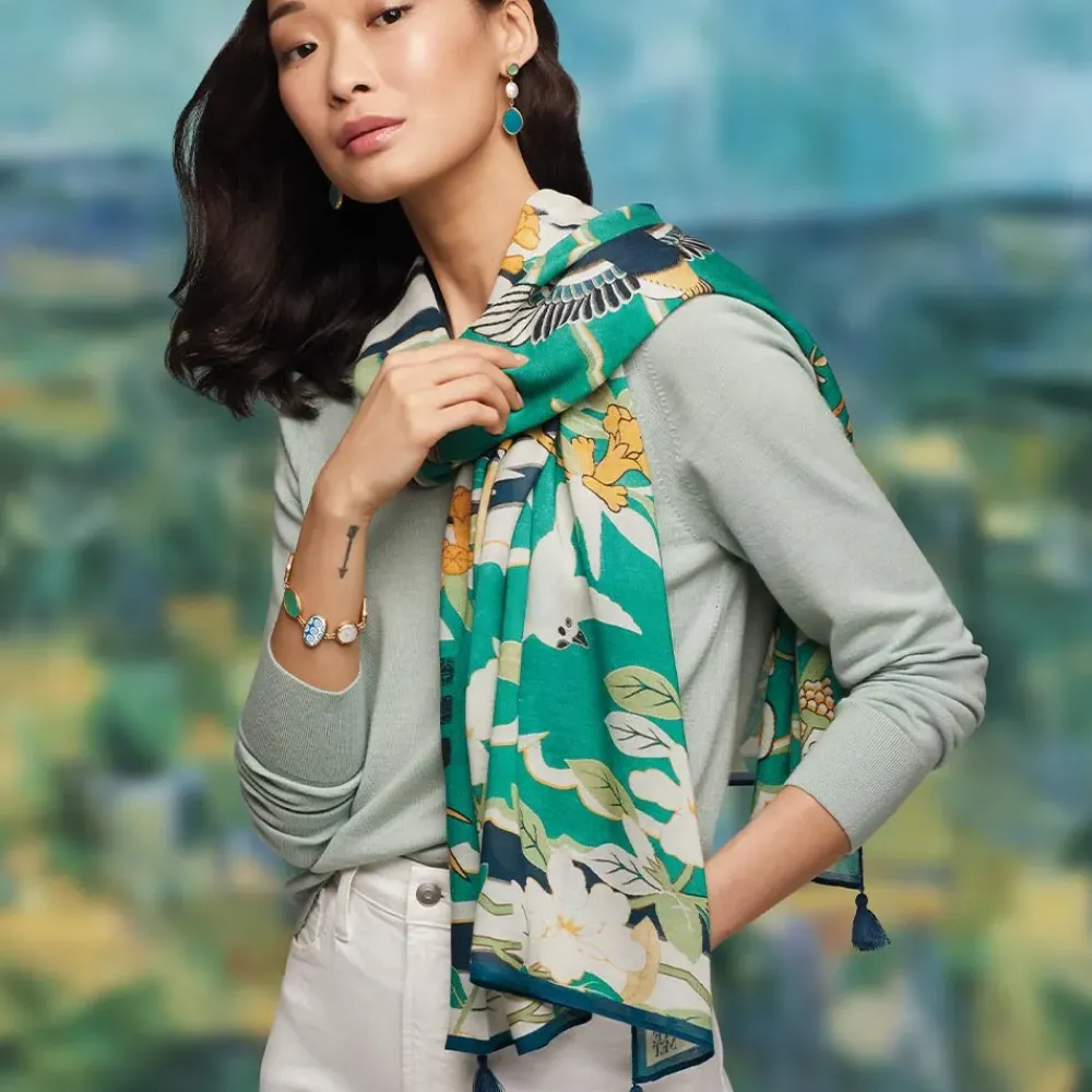 New Ming Birds And Flowering Branches Oversize Oblong Scarf Scarves & Wraps