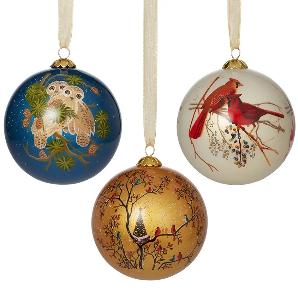 Discount Winter Birds Hand-Painted Glass Ornament Set Ornaments