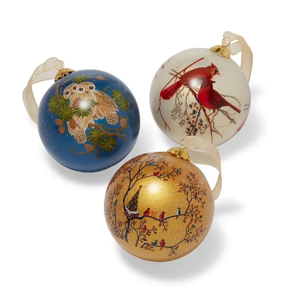 Discount Winter Birds Hand-Painted Glass Ornament Set Ornaments